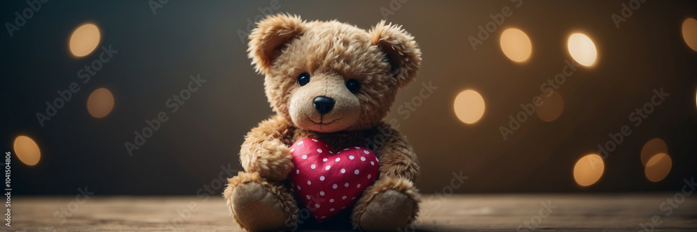 Obraz premium A cute teddy bear holding a pink heart on a table with warm lights in the background