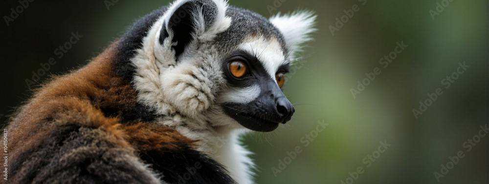 A ring-tailed lemur looks off to the side in a lush green forest A ring-tailed lemur looks off to the side in a lush green forest