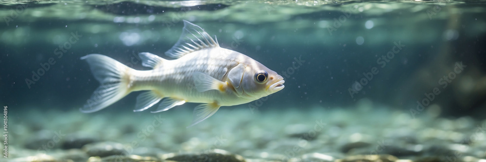 A white fish swims in clear water, panorama, banner with copy space for text A white fish swims in clear water, panorama, banner with copy space for text