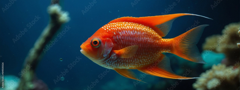 A red fish swims in an aquarium with blue water A red fish swims in an aquarium with blue water
