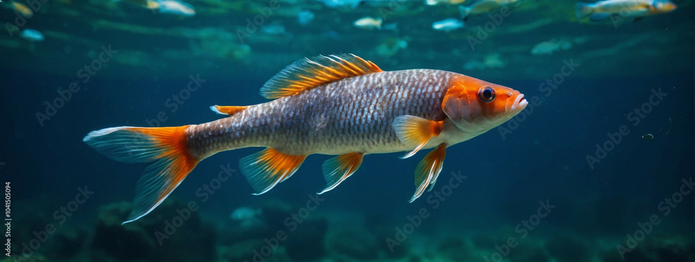 Naklejka premium koifish in clear water, panorama, underwater banner with copy space