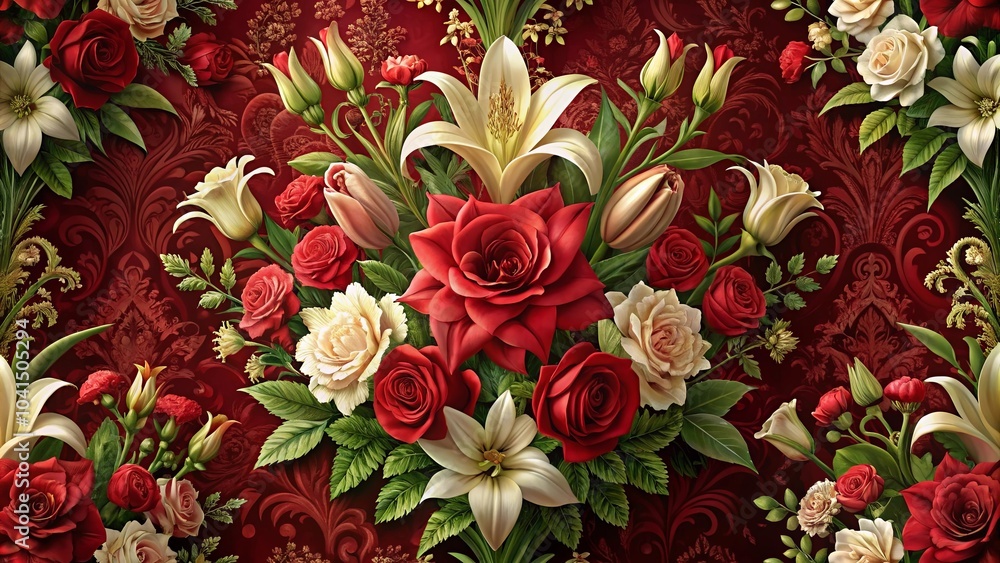 A Tapestry of Blooming Elegance, Featuring Red Roses, White Lilies, and Delicate Buds, Adorned with a Richly Embroidered Background A Tapestry of Blooming Elegance, Featuring Red Roses, White Lilies, and Delicate Buds, Adorned with a Richly Embroidered Background