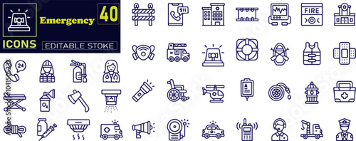 Emergency icon set. Containing ambulance, lifebuoy, first aid, police, medical .