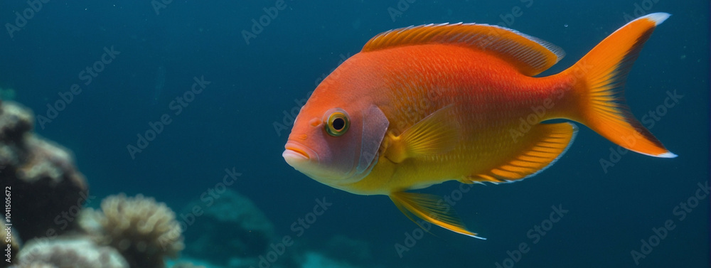 Close up view of a anthias fish, panorama, underwater web banner with copy space Close up view of a anthias fish, panorama, underwater web banner with copy space