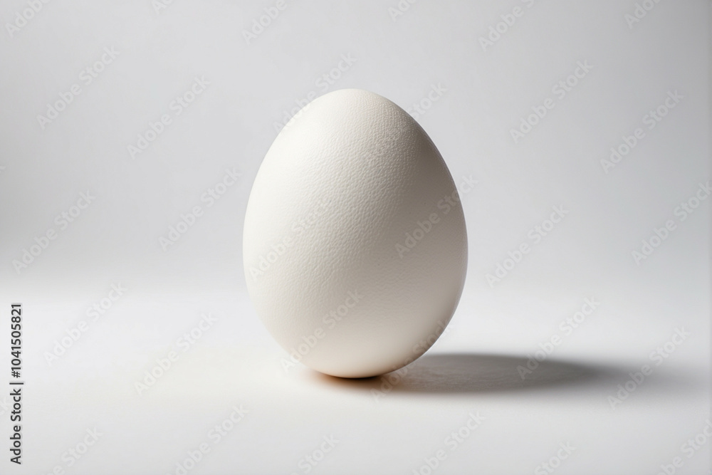 A white egg stands isolated against a clean white background in soft natural light A white egg stands isolated against a clean white background in soft natural light