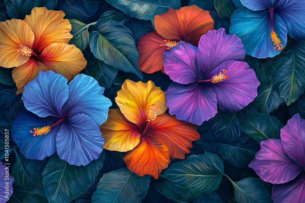 Colorful hibiscus flowers with leaves, in a fantasy art style Colorful hibiscus flowers with leaves, in a fantasy art style