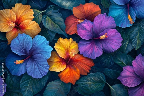Wallpaper Mural Colorful hibiscus flowers with leaves, in a fantasy art style Torontodigital.ca