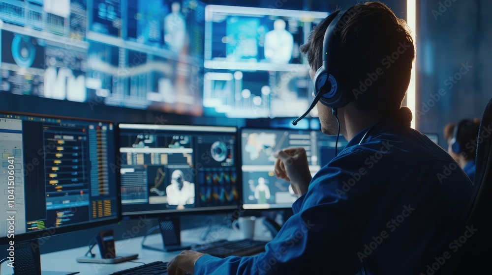 Technical Customer Support Specialist is Talking on a Headset while Working on a Computer in a Call Center Control Room Filled Display Screens with Monitoring Software. Over the Shoulder Footage Technical Customer Support Specialist is Talking on a Headset while Working on a Computer in a Call Center Control Room Filled Display Screens with Monitoring Software. Over the Shoulder Footage