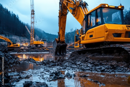 Yellow excavators at a muddy construction site, their arm and scoop in action, highlighting the dynamic environment and industrial essence amidst a developing backdrop. photo