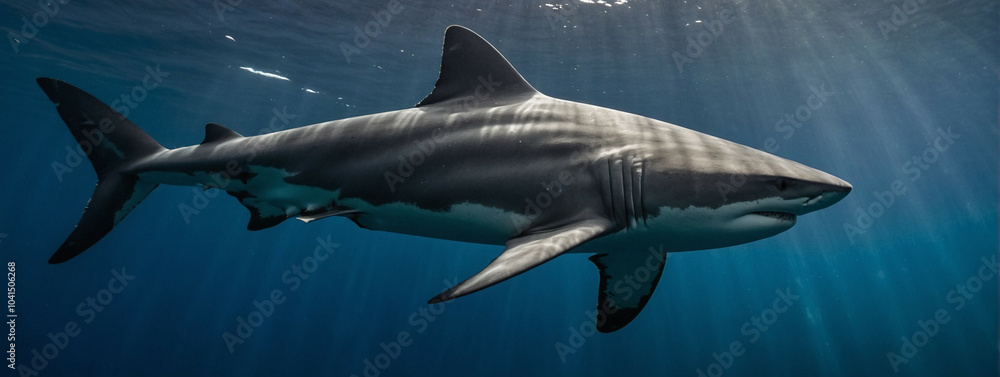 Fototapeta premium A shark swims through the blue ocean, panorama, banner with copy space for text