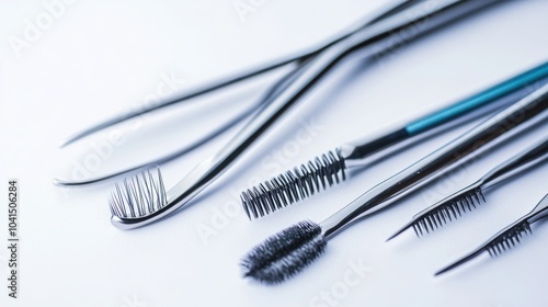 A collection of dental tools and instruments used for oral hygiene and examination.