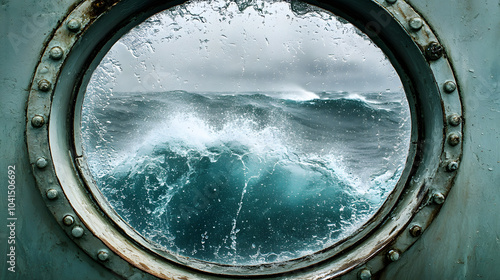 A Beautiful Connection Between Nature and Humanity: A Close-Up Look at an Ocean LinerÆs Porthole Window Facing a Brewing Storm