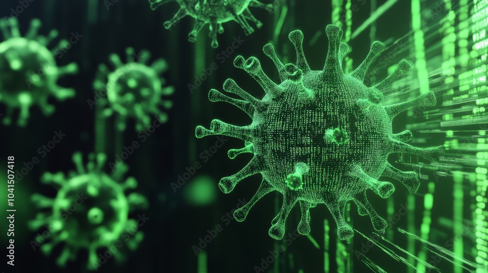 Digital rendering of green virus particles with binary code, representing technology and health. Digital rendering of green virus particles with binary code, representing technology and health.