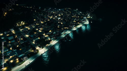 Nighttime Aerial Shot of Coastal City with Buildings and Roads Near Dark Ocean Waters photo