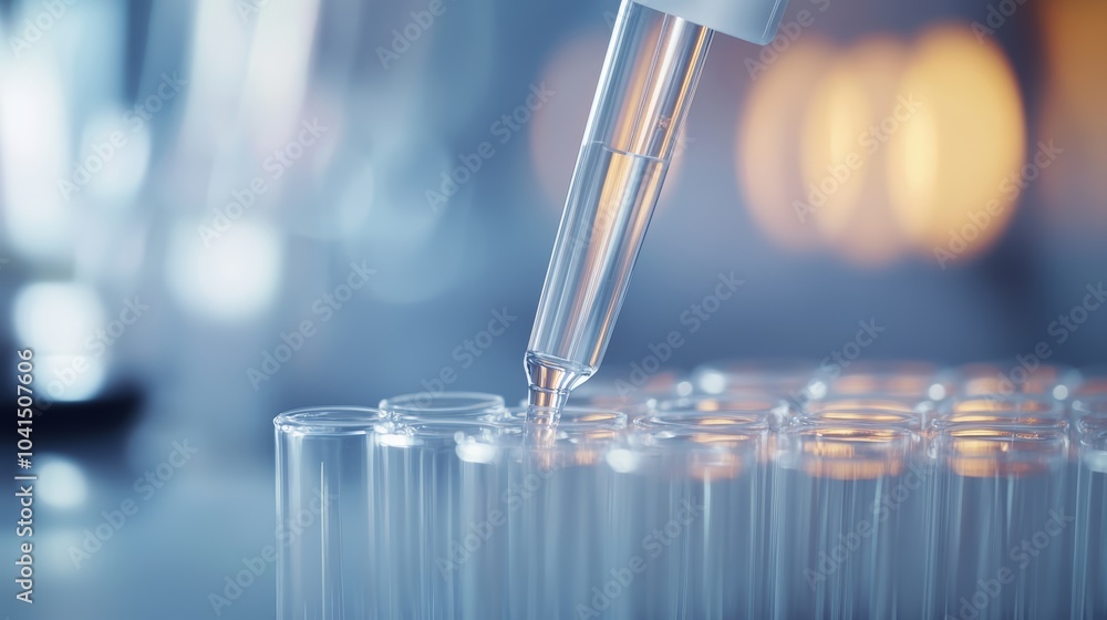 Close-up of a pipette transferring liquid into test tubes in a laboratory setting. Close-up of a pipette transferring liquid into test tubes in a laboratory setting.