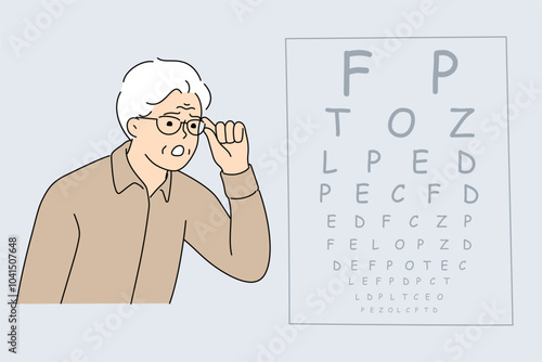 Vision test for elderly man looking at table with letters at appointment with ophthalmologist