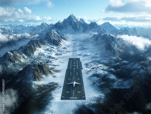 A plane is seen landing on a remote runway nestled in a snowy mountain valley, surrounded by breathtaking peaks under a bright blue sky with scattered clouds. photo