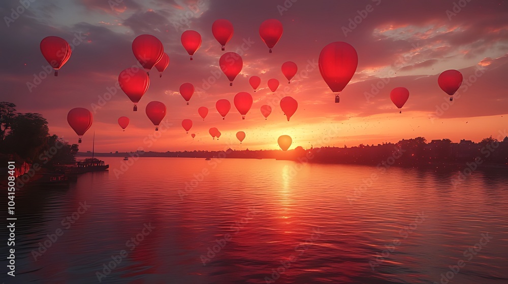 Fototapeta premium A breathtaking sunrise over a calm river, with a cluster of red hot air balloons ascending into the vibrant sky.