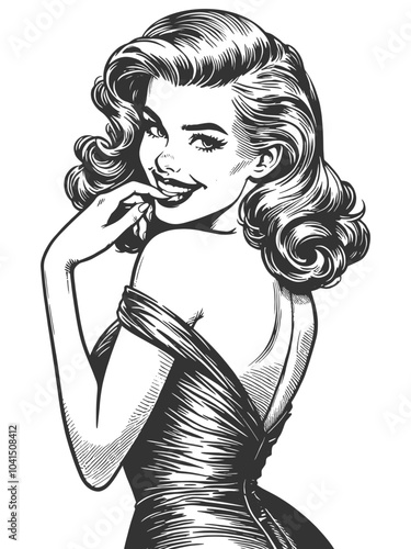 Playful smiling beautiful young woman flirty biting her finger sketch engraving generative ai fictional character vector illustration. Scratch board imitation. Black and white image.