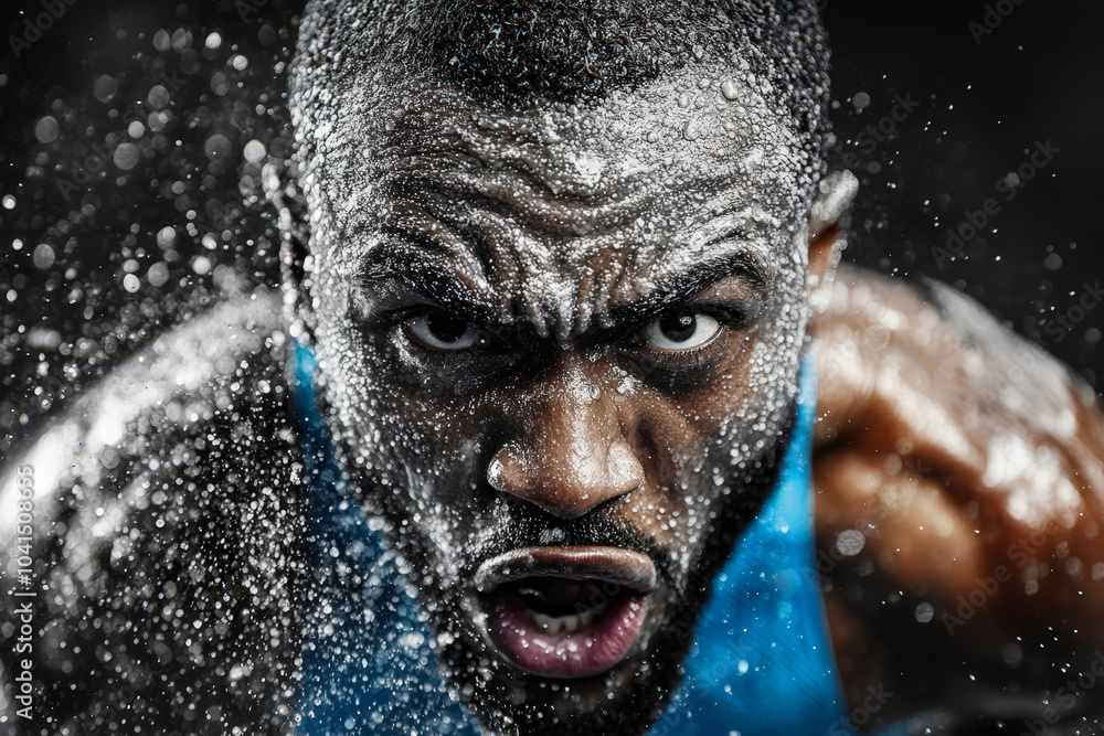 An athlete is captured in a moment of intense focus and determination during a strenuous exercise, drenched in rain, showcasing resilience and physical strength. An athlete is captured in a moment of intense focus and determination during a strenuous exercise, drenched in rain, showcasing resilience and physical strength.