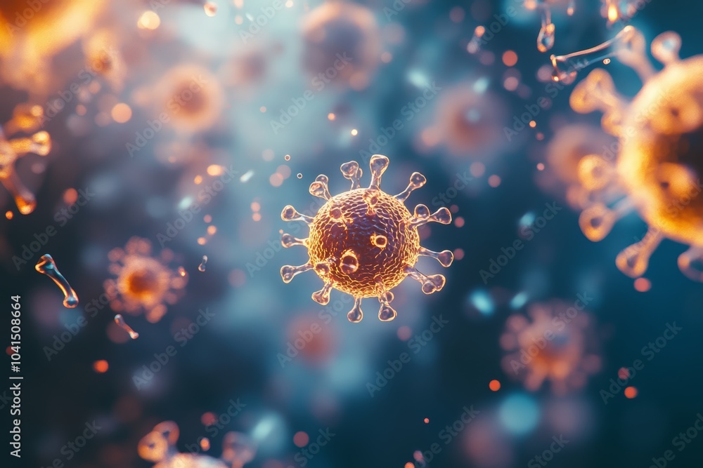Colorful, detailed illustration of virus particles in a microscopic view. Colorful, detailed illustration of virus particles in a microscopic view.