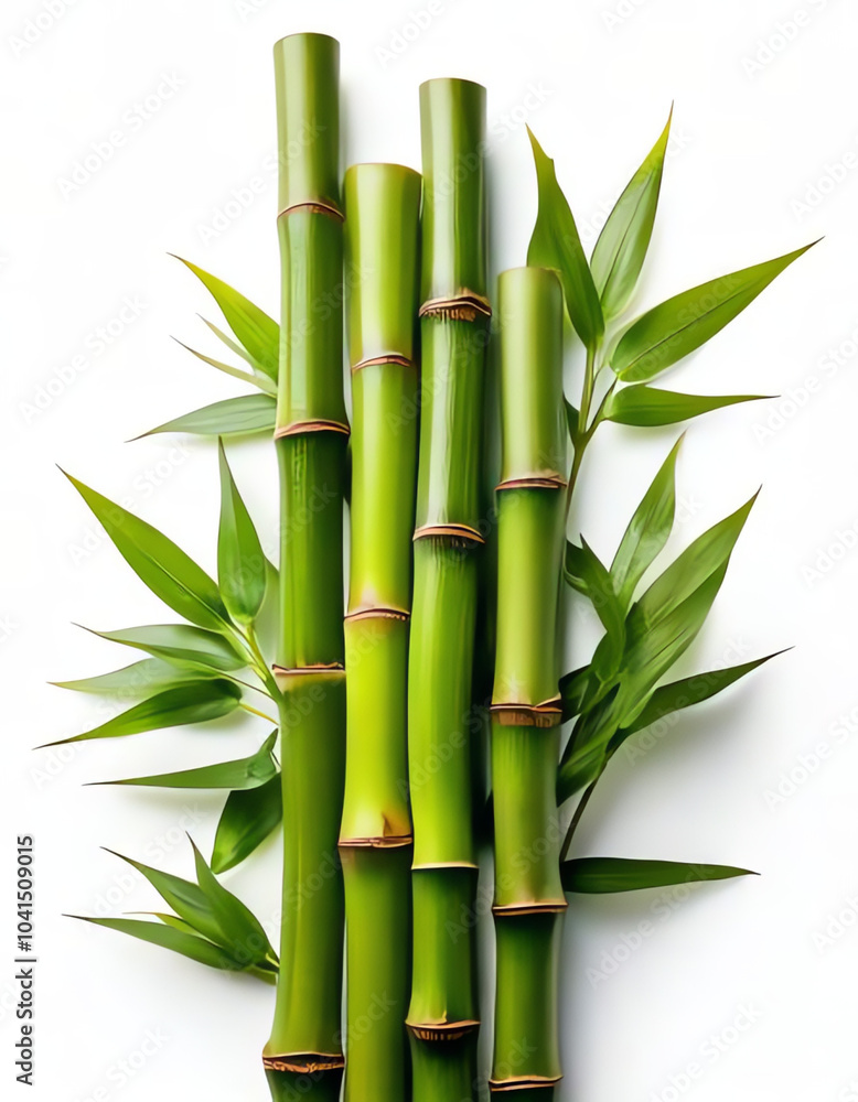 green bamboo with leaves on white background