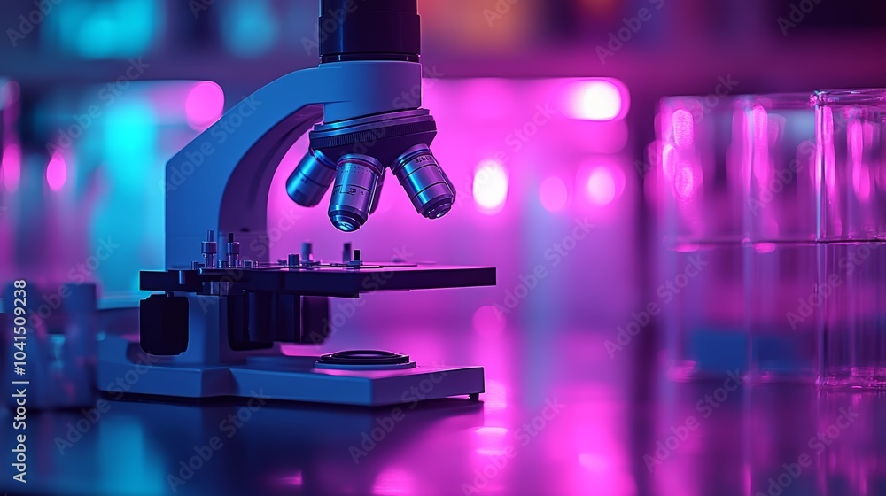 Close-up of a microscope in a colorful laboratory setting with neon lights. Close-up of a microscope in a colorful laboratory setting with neon lights.