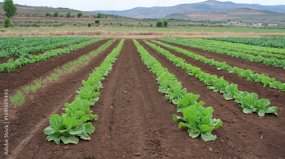 Rows of leafy green crops growing in a field. Rows of leafy green crops growing in a field.