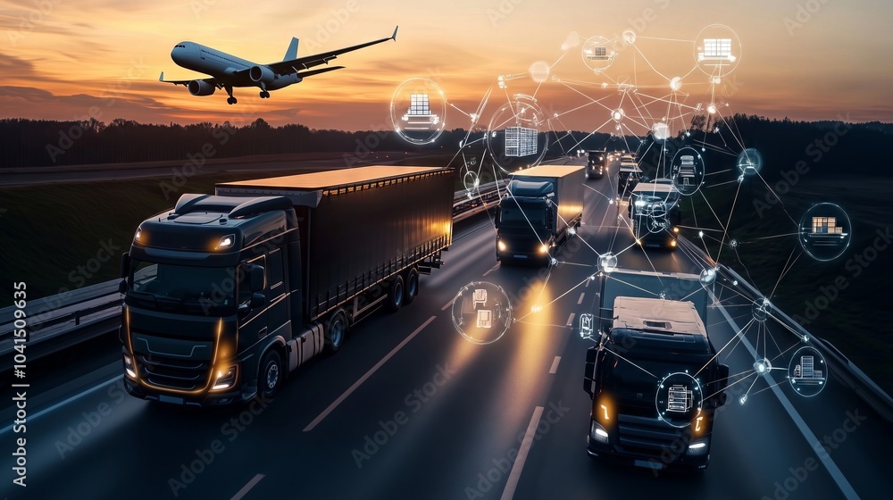 Trucks driving on highway at sunset with network connection showing logistics and supply chain management Trucks driving on highway at sunset with network connection showing logistics and supply chain management