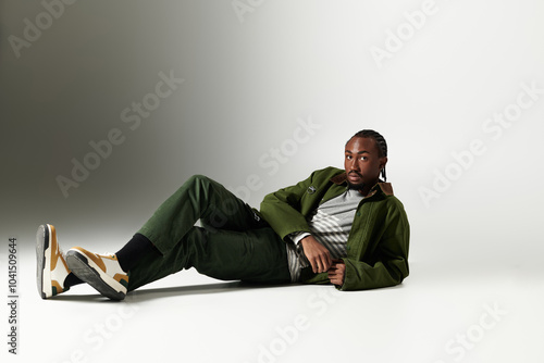 A fashionable young man lounges gracefully on the floor, showcasing his trendy green outfit with flair.