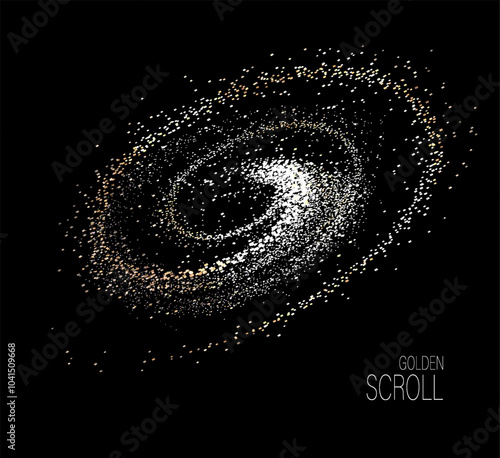 Isolated design element, golden curl of small tinsel on black background.