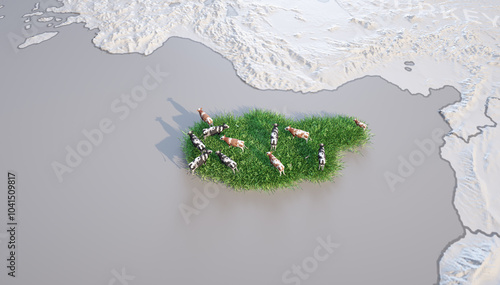 Cattle industry in Cyprus. Map with cows on green grass. 3d render. photo