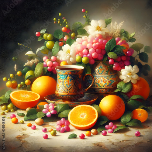 Arabian kahva floral citrus still life oil painting style photo