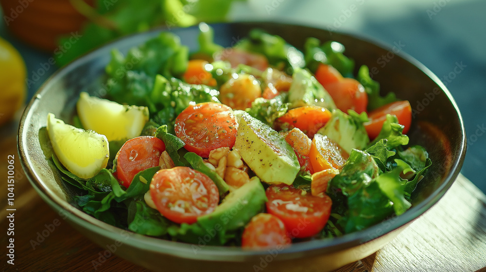 Vibrant avocado and tomato salad with fresh greens, served in a rustic bowl under daylight. Vibrant avocado and tomato salad with fresh greens, served in a rustic bowl under daylight.