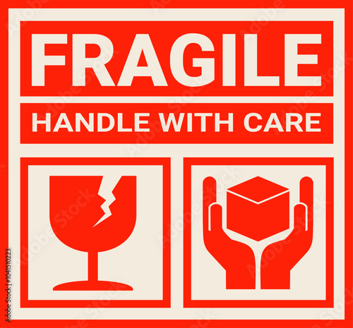 sticker fragile handle with care, red fragile warning label with broken glass symbol, this side up sign, keep dry and avoid liquid sign