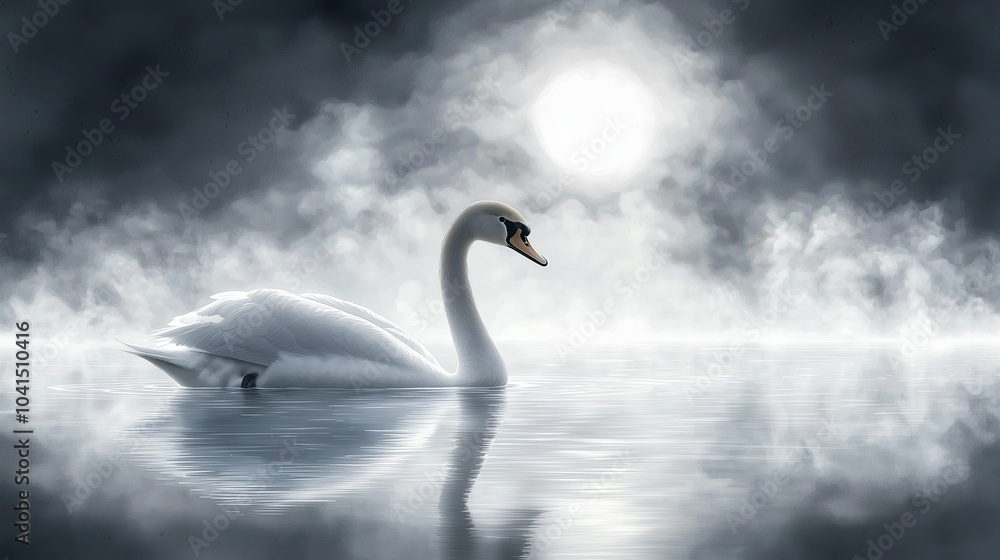 Obraz premium A white swan gracefully glides through a misty, moonlit lake.