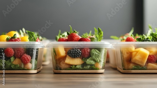 Colorful fruit and salad containers neatly arranged, showcasing a healthy meal prep idea, emphasizing freshness and convenience.