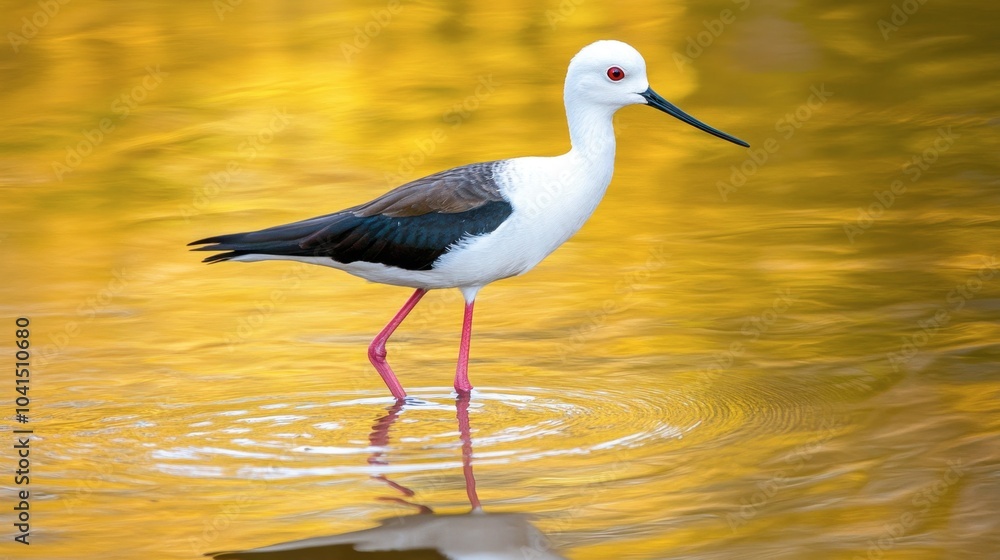 Obraz premium Elegant Bird Standing in Golden Water Reflection