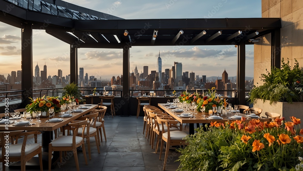 restaurant on the beach , A rooftop patio with tables, chairs, and flowers. A city skyline is visible through a pergola.