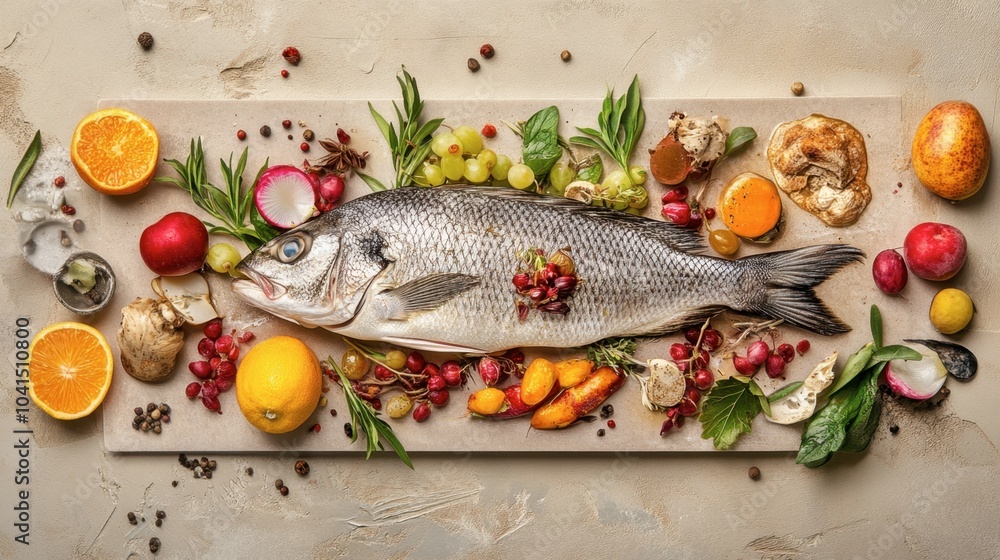 Fresh Seafood with Assorted Fruits and Herbs Display Fresh Seafood with Assorted Fruits and Herbs Display