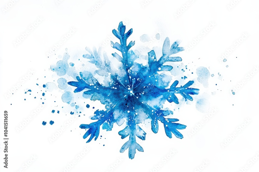 Watercolor Snowflake. Symbol of Winter Season in Blue Abstract Art Background Watercolor Snowflake. Symbol of Winter Season in Blue Abstract Art Background