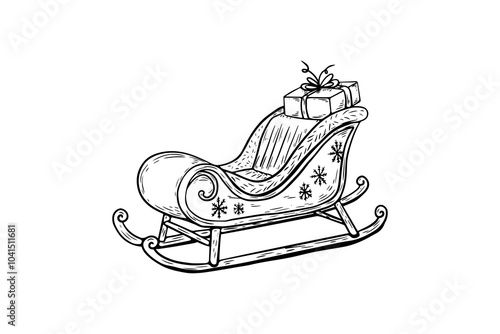Vector Christmas sketch in vintage style, engraving, line drawing of black and white santa's sleigh.
