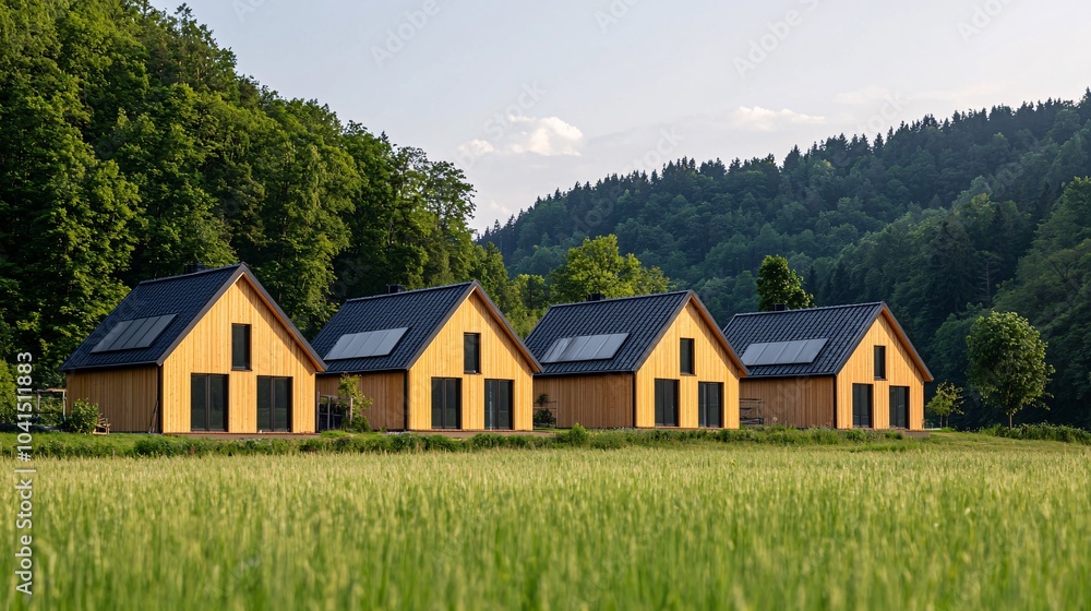 Modern wooden houses nestled in lush green landscape showcasing sustainable architecture against a backdrop of nature's beauty Modern wooden houses nestled in lush green landscape showcasing sustainable architecture against a backdrop of nature's beauty