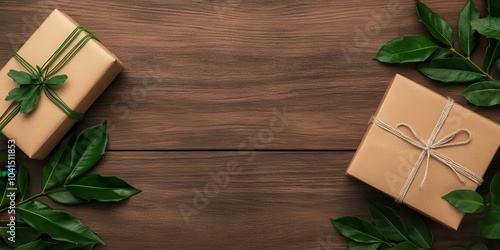 Two beautifully wrapped gifts on a wooden surface, surrounded by green leaves, creating a festive and elegant atmosphere.