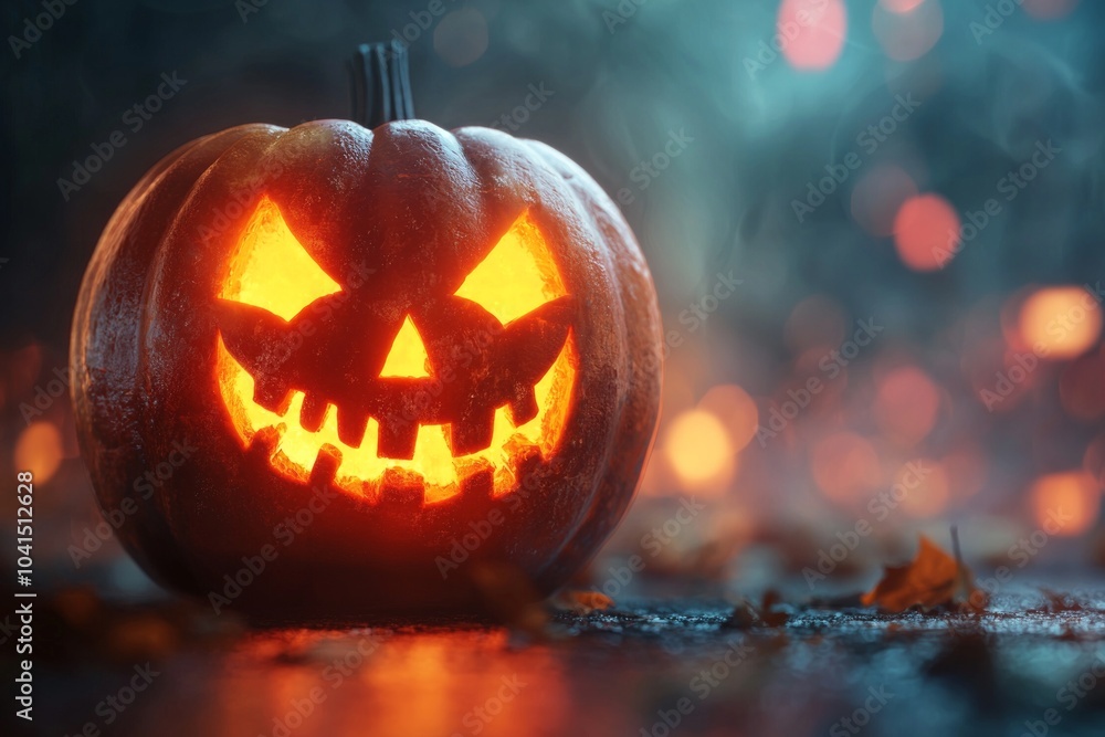 Halloween pumpkin with a carved face glowing on a dark background Halloween pumpkin with a carved face glowing on a dark background