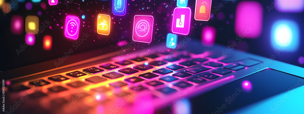 Futuristic Laptop with Glowing Digital Icons Futuristic Laptop with Glowing Digital Icons