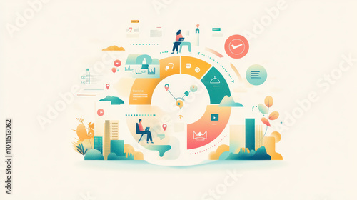 Minimalist Flat Design Illustration of Customer Relationship Management: Circular Journey Diagram in Pastels with Bright Accents and Simplified Icons for Commercial Use.