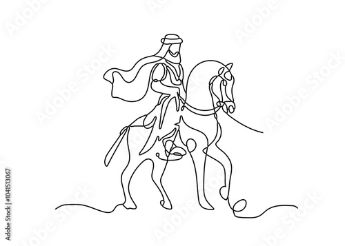 Continuous one-line drawing for an arab man knight riding a horse abstract simplified illustration editable stroke width