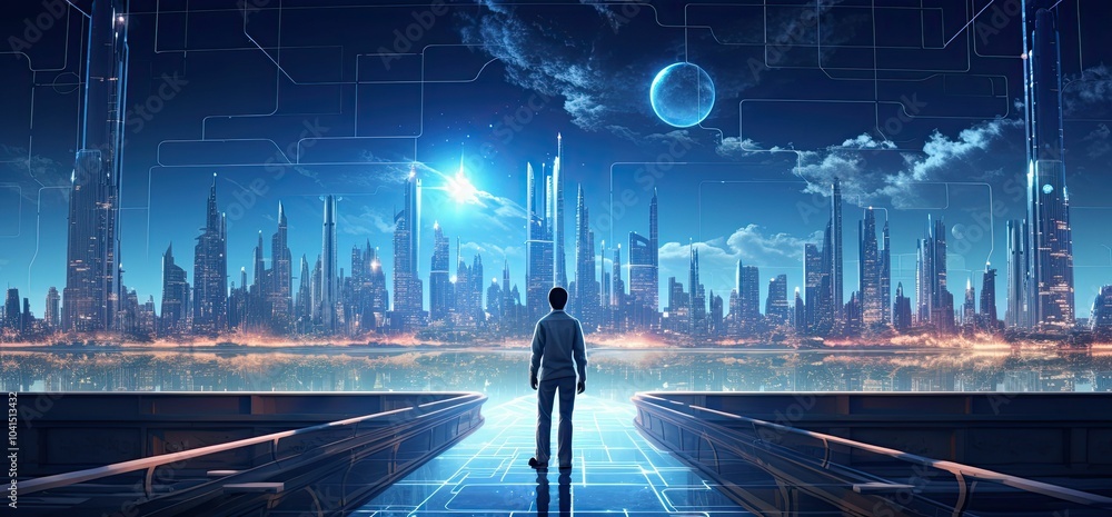 Futuristic city skyline with a lone figure. Futuristic city skyline with a lone figure.