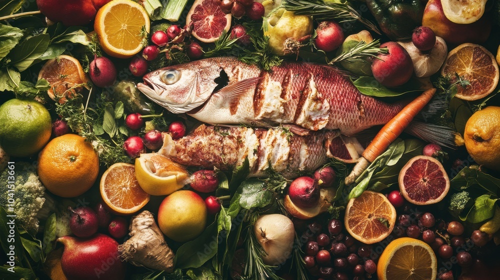Fresh Fish and Vibrant Fruits on Rustic Table Fresh Fish and Vibrant Fruits on Rustic Table
